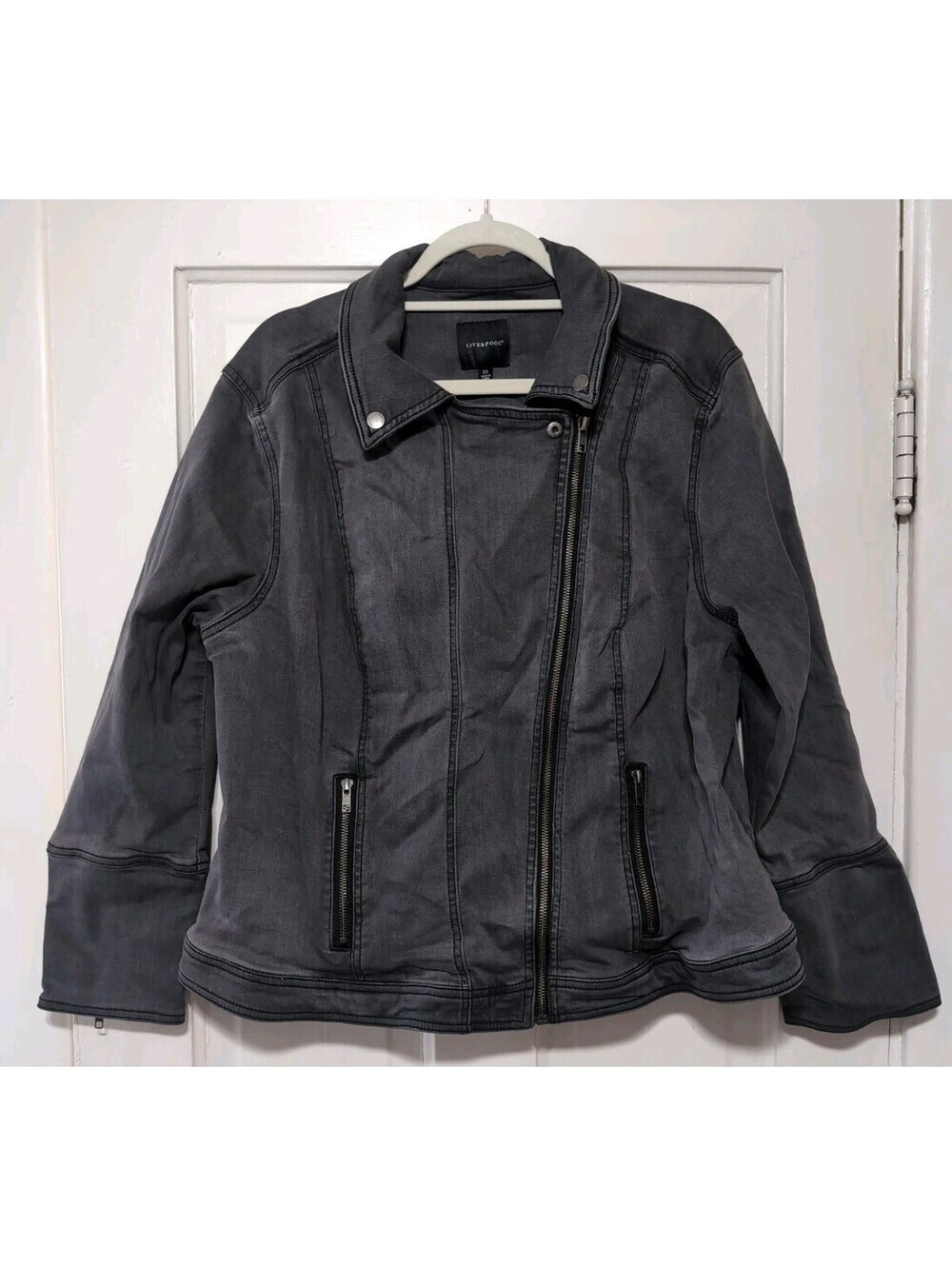 Liverpool Moto Denim Jacket Gray Titanium Wash Biker Gorpcore Woman's 2X(C)